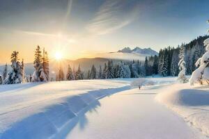 foto fondo de pantalla el cielo, nieve, árboles, montañas, sol, árboles, el montañas, el. generado por ai