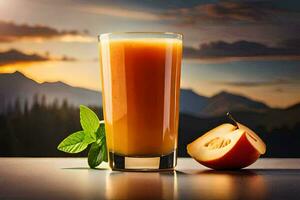 a glass of juice with an apple and a mountain in the background. AI-Generated photo