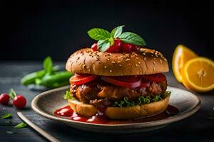 a hamburger with tomato, lettuce and cherry on a plate. AI-Generated photo