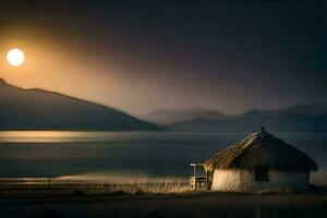 a hut sits on the shore of a lake at night. AI-Generated photo