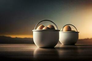 dos blanco cestas con huevos en ellos en un mesa. generado por ai foto