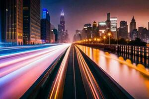 a city skyline at night with light trails on the road. AI-Generated photo