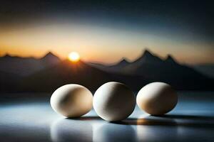 three eggs are sitting on a table with mountains in the background. AI-Generated photo