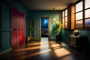 a room with a moon shining through the window. AI-Generated photo