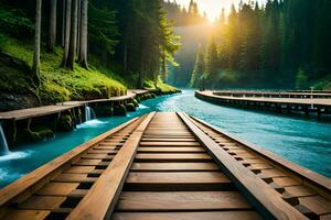 a wooden bridge leads to a river in the forest. AI-Generated photo