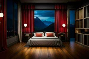 a bedroom with a view of mountains at night. AI-Generated photo