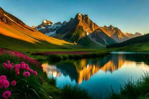 el montañas son reflejado en el agua. generado por ai foto