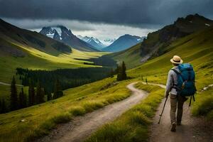 un hombre con un mochila y emigrar polos camina abajo un camino en el montañas. generado por ai foto