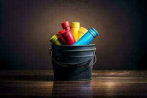 colorful paint tubes in a bucket on a wooden table. AI-Generated photo