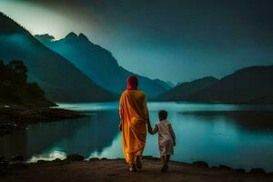 a mother and her child walk on the shore of a lake. AI-Generated photo