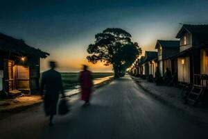 two people walking down a road at sunset. AI-Generated photo
