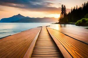 a wooden dock leads to the water and mountains. AI-Generated photo