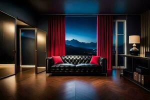 a room with a black couch and a window with a view of the mountains. AI-Generated photo