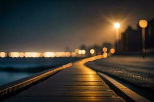 a long wooden walkway with lights on the side. AI-Generated photo