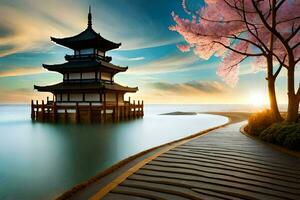 a pagoda stands in the water with pink flowers. AI-Generated photo