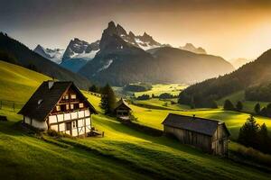 un casa en el montañas con un montaña en el antecedentes. generado por ai foto