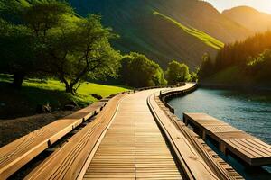 a wooden bridge leads to a lake and mountains. AI-Generated photo