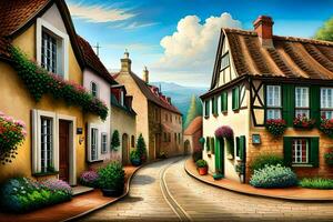 a painting of a street in a european town. AI-Generated photo