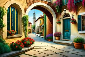 an alley with flowers and potted plants. AI-Generated photo