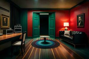 a room with red walls and a black leather couch. AI-Generated photo