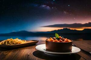 the food is served on a wooden table with a plate of pasta and a bowl of sauce. AI-Generated photo