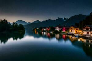 un lago y casas en el montañas a oscuridad. generado por ai foto