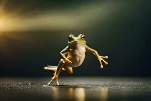 a frog jumping on a black background. AI-Generated photo