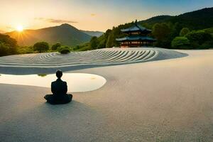 a man meditating in the sand at sunset. AI-Generated photo