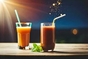 two glasses of juice with a straw and a splash of orange juice. AI-Generated photo