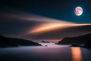 a full moon is seen over the ocean with a long exposure. AI-Generated photo