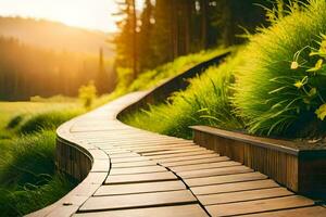 a wooden pathway in the middle of a grassy field. AI-Generated photo