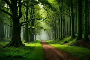 a path through a green forest with trees. AI-Generated photo