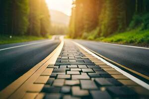 un la carretera con un ladrillo camino en el medio. generado por ai foto