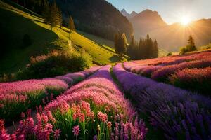 photo wallpaper flowers, mountains, sun, lavender, flowers, flowers, flowers, flowers,. AI-Generated