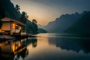 un casa se sienta en el apuntalar de un lago a puesta de sol. generado por ai foto