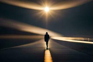 un hombre en un sombrero camina abajo un largo la carretera a noche. generado por ai foto