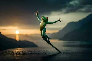 a frog is jumping in the air with its arms outstretched. AI-Generated photo