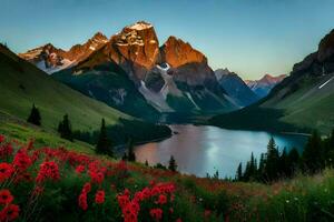 the sun rises over the mountains and the flowers bloom in the foreground. AI-Generated photo