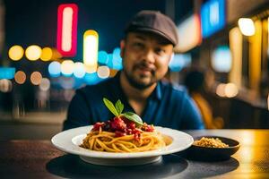 a man sitting at a table with a plate of pasta. AI-Generated photo