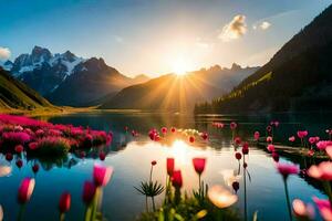 the sun shines over a lake with pink flowers. AI-Generated photo