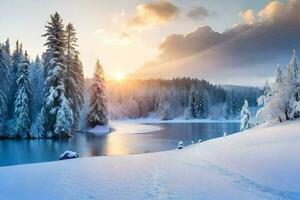 a snowy landscape with trees and a lake. AI-Generated photo