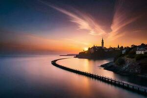 un largo exposición fotografía de un muelle y un Iglesia a puesta de sol. generado por ai foto