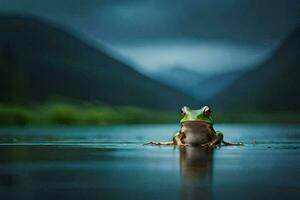 a frog sitting on the edge of a lake in the mountains. AI-Generated photo