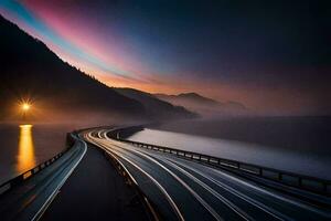 a long exposure photo of a road with a sunset in the background. AI-Generated