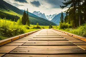a wooden walkway leads to a mountain range. AI-Generated photo