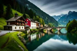 un río carreras mediante un montaña Valle con casas y un puente. generado por ai foto