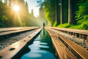 a person walking on a railroad track with the sun shining. AI-Generated photo