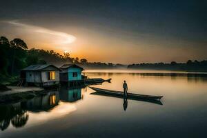 a man stands on a boat in front of a house at sunset. AI-Generated photo