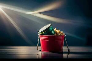 a red bucket with popcorn and a can of soda. AI-Generated photo
