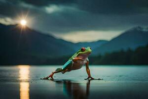 a frog standing on the edge of a lake with a mountain in the background. AI-Generated photo